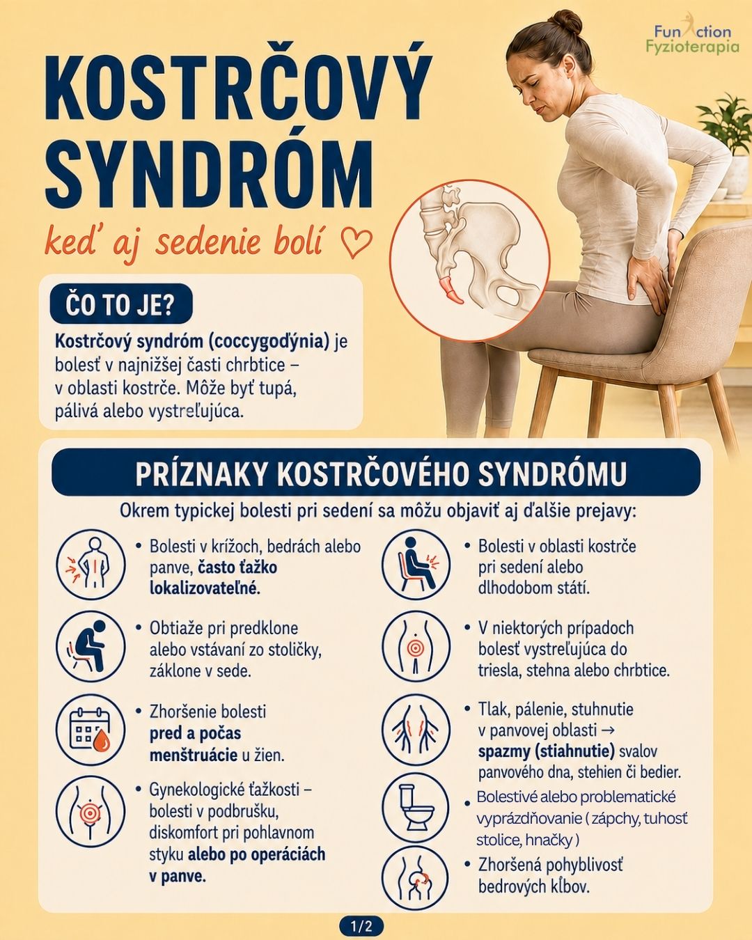 🦴 Bolí vás kostrč pri sedení, vstávaní alebo dlhšom státí?

Kostrčový syndróm nemusí spôsobovať iba bolesť priamo v oblasti kostrče. Ťažkosti sa môžu prejaviť aj v krížoch, bedrách či panve, pálením a napätím svalov panvového dna, bolestivým či problémovým vyprázdňovaním alebo diskomfortom pri pohlavnom styku.

Príčinou môže byť pád, dlhodobé sedenie, nesprávne držanie tela, napätie panvového dna, pooperačné zmeny alebo problém prenesený z inej časti tela.

Čo môže pomôcť?
✓ pravidelne meniť polohu
✓ sedieť na sedacích kostiach
✓ oprieť chodidlá o zem
✓ používať podsedák s výrezom pre kostrč
✓ ošetrenie svalov panvového dna 

Viac nájdete na našom webe v článku: 🦴 Kostrčový syndróm – keď aj sedenie bolí

Ak bolesť trvá dlhšie, zhoršuje sa, obmedzuje vás v pohybe alebo vznikla po úraze, neodkladajte odborné vyšetrenie.

Fyzioterapia odhaľuje príčinu a nastaví terapiu presne podľa vašich ťažkostí. 💙

 #kostrcovysyndrom #coccygodynia #bolestkostrce #panvovedno #bolestpanvy #fyzioterapia #rehabilitacia #funactionfyzioterapia