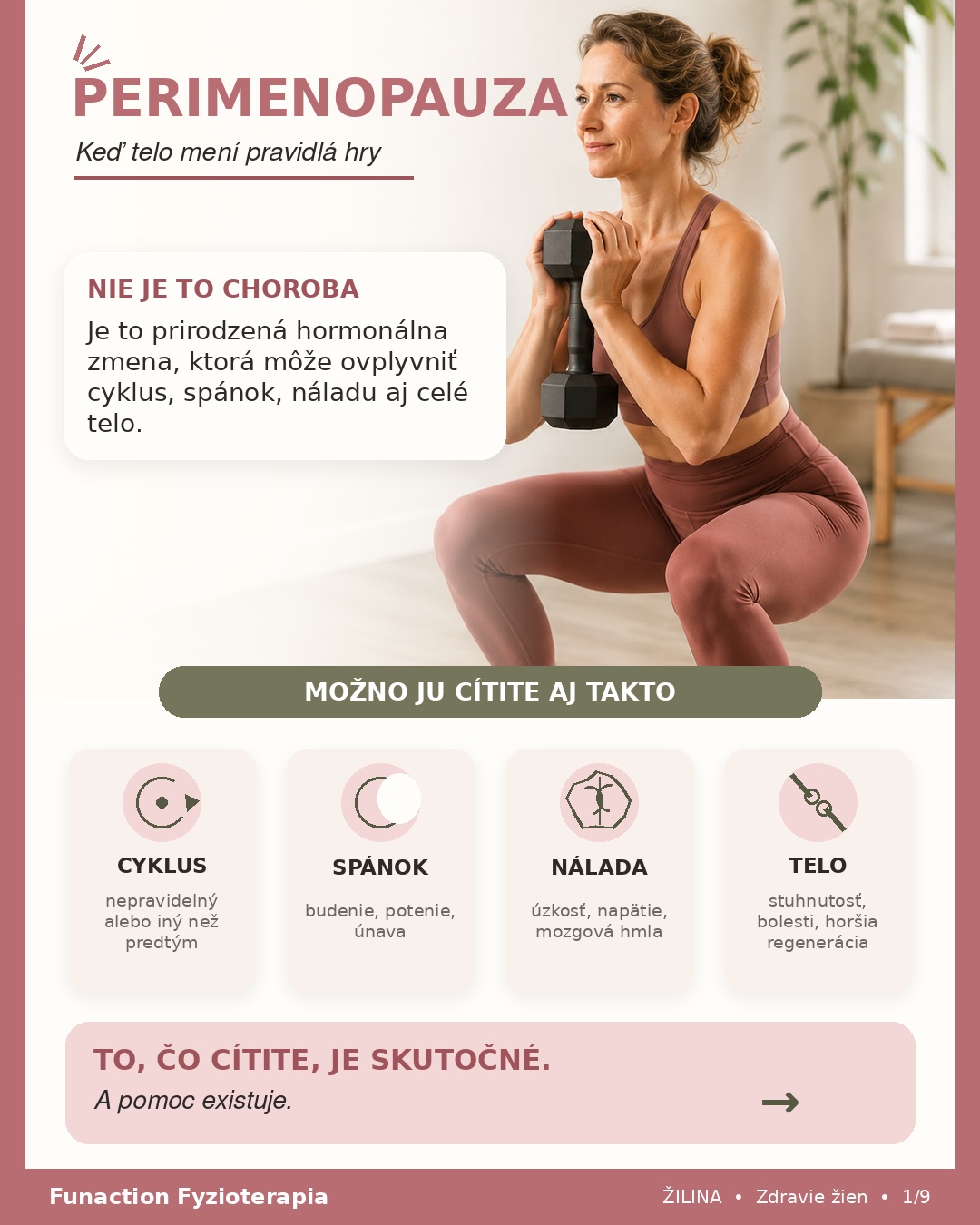 🌸 Cítite sa zrazu inak vo vlastnom tele?

Horšie spíte, rýchlejšie sa unavíte, zabúdate alebo Vás začali bolieť kĺby? Perimenopauza sa nemusí prejaviť iba návalmi tepla či nepravidelnou menštruáciou. Hormonálne zmeny môžu ovplyvniť náladu, spánok, energiu, svaly, trávenie aj intímne zdravie.

🌸 Perimenopauza sa zvyčajne začína v štyridsiatke, niekedy aj skôr. Samotná menopauza nastáva najčastejšie medzi 45. a 55. rokom — príznaky teda môžu prísť roky pred poslednou menštruáciou. 

📊 Približne 3 zo 4 žien majú príznaky
1 zo 4 žien: bez príznakov.
2 zo 4 žien: mierne až stredne výrazné príznaky.
1 zo 4 žien: príznaky dostatočne závažné na to, aby ovplyvnili každodenné aktivity.

⏳ Nejde o pár mesiacov
Perimenopauza trvá priemerne 4–6 rokov, individuálne približne 2–10 rokov. To neznamená, že každá žena má počas celého obdobia rovnako výrazné príznaky.

💛 S ťažkosťami sa nemusíte len zmieriť.

Pravidelný pohyb, silový tréning a individuálne zvolená fyzioterapia môžu pomôcť podporiť svaly, kosti a pohybový komfort či riešiť únik moču a ťažkosti panvového dna. Nie každá nová ťažkosť je však spôsobená hormónmi — pri výrazných príznakoch je dôležité lekárske vyšetrenie.

📖 Viac o príznakoch, súvislostiach a možnostiach pomoci nájdete v našom článku:
Perimenopauza a menopauza: Keď telo mení pravidlá hry

📍 Funaction Fyzioterapia, Žilina — pomôžeme Vám nastaviť pohyb a terapiu podľa Vašich potrieb.

#perimenopauza #zdraviezeny #panvovedno #fyzioterapia #Funaction #zilina